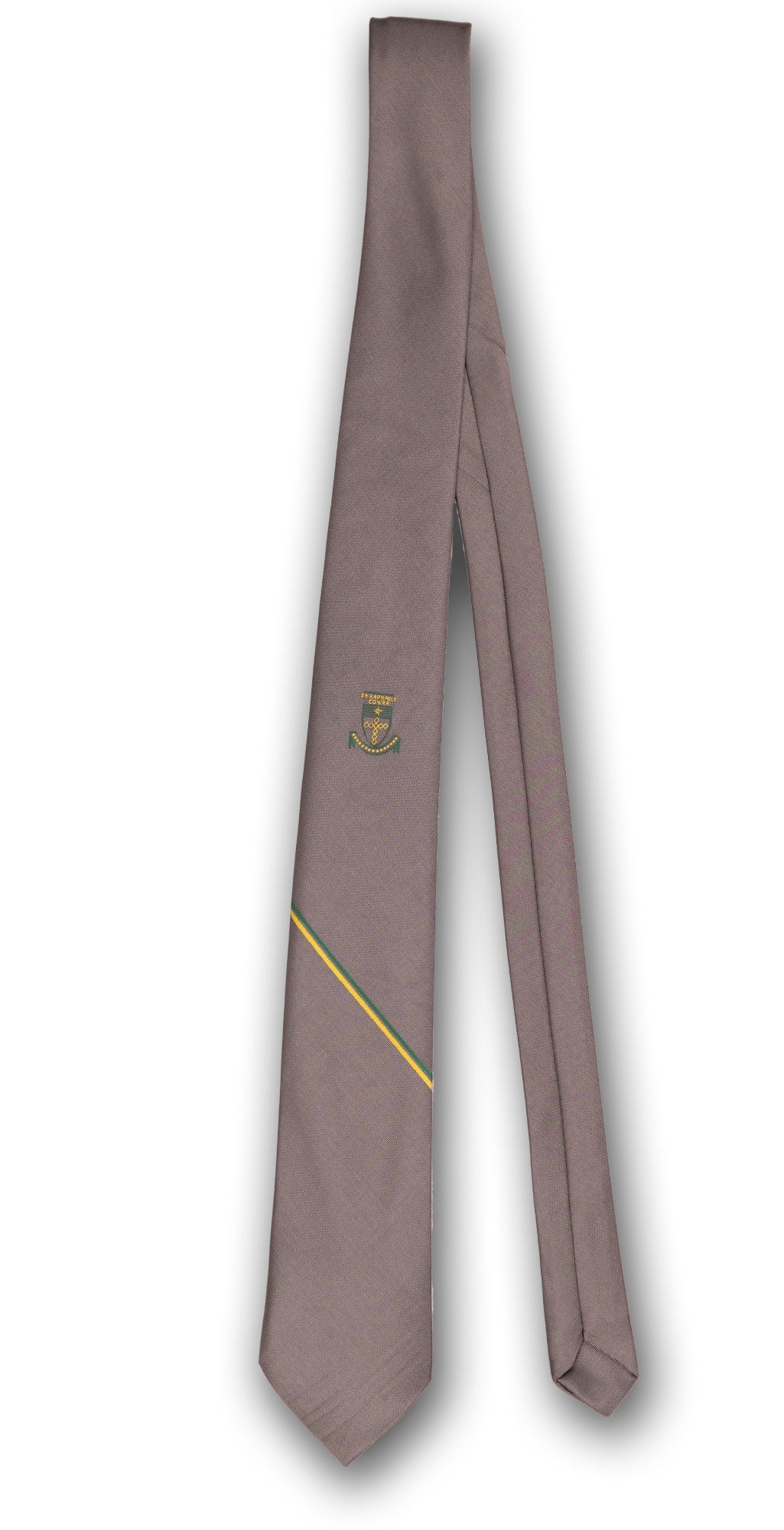 Gray tie with a small emblem and yellow stripe on a white background